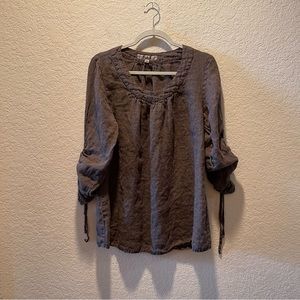 FLAX 100% linen lagen look brown ruched sleeve pullover tunic top, size S
